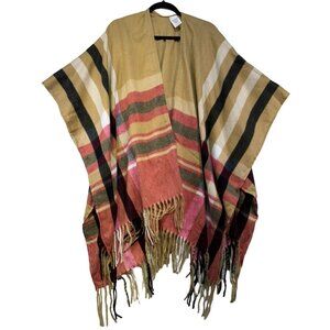 Woolrich Womens One Size Striped Poncho With Fringe Tan Red Black